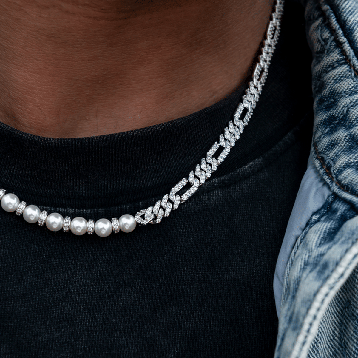 GLD Men Diamond Figaro Pearl Chain