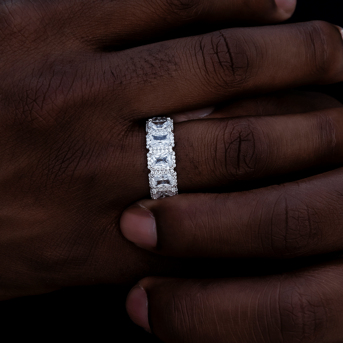 GLD Men Diamond Baguette Halo Ring in White Gold Vermeil