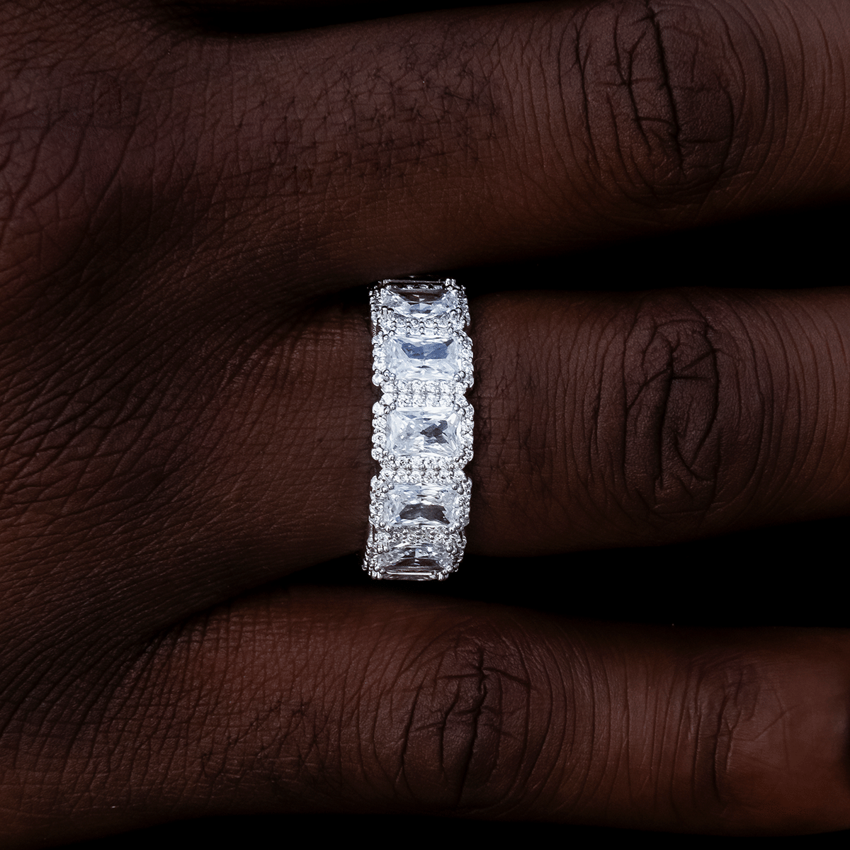GLD Men Diamond Baguette Halo Ring in White Gold Vermeil