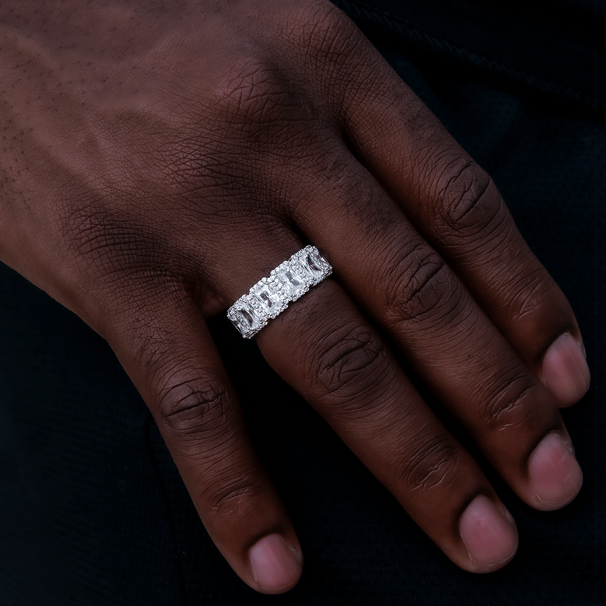 GLD Men Diamond Baguette Halo Ring in White Gold Vermeil