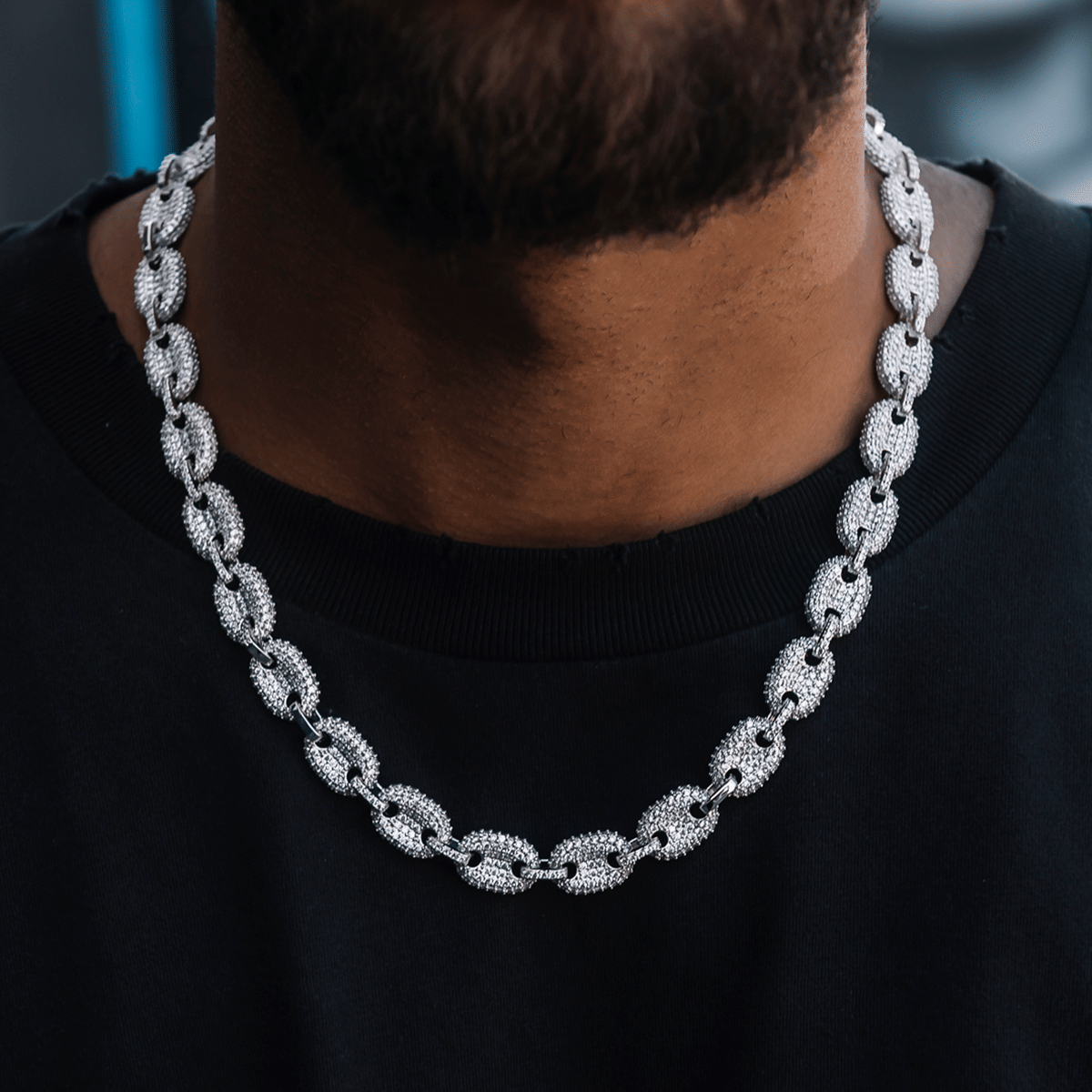 GLD Men Diamond Puffed Mariner Chain in White Gold - 12 mm