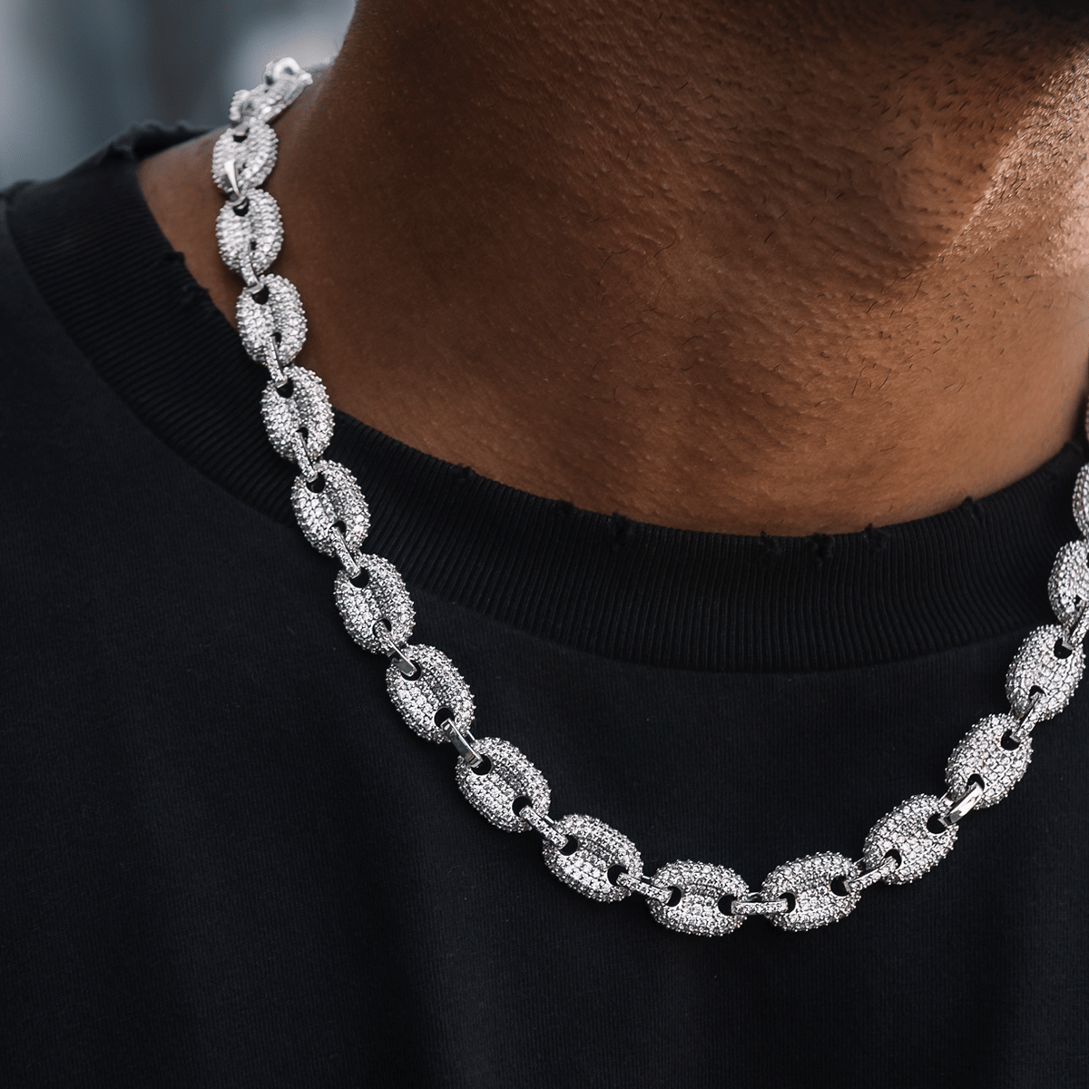 GLD Men Diamond Puffed Mariner Chain in White Gold - 12 mm
