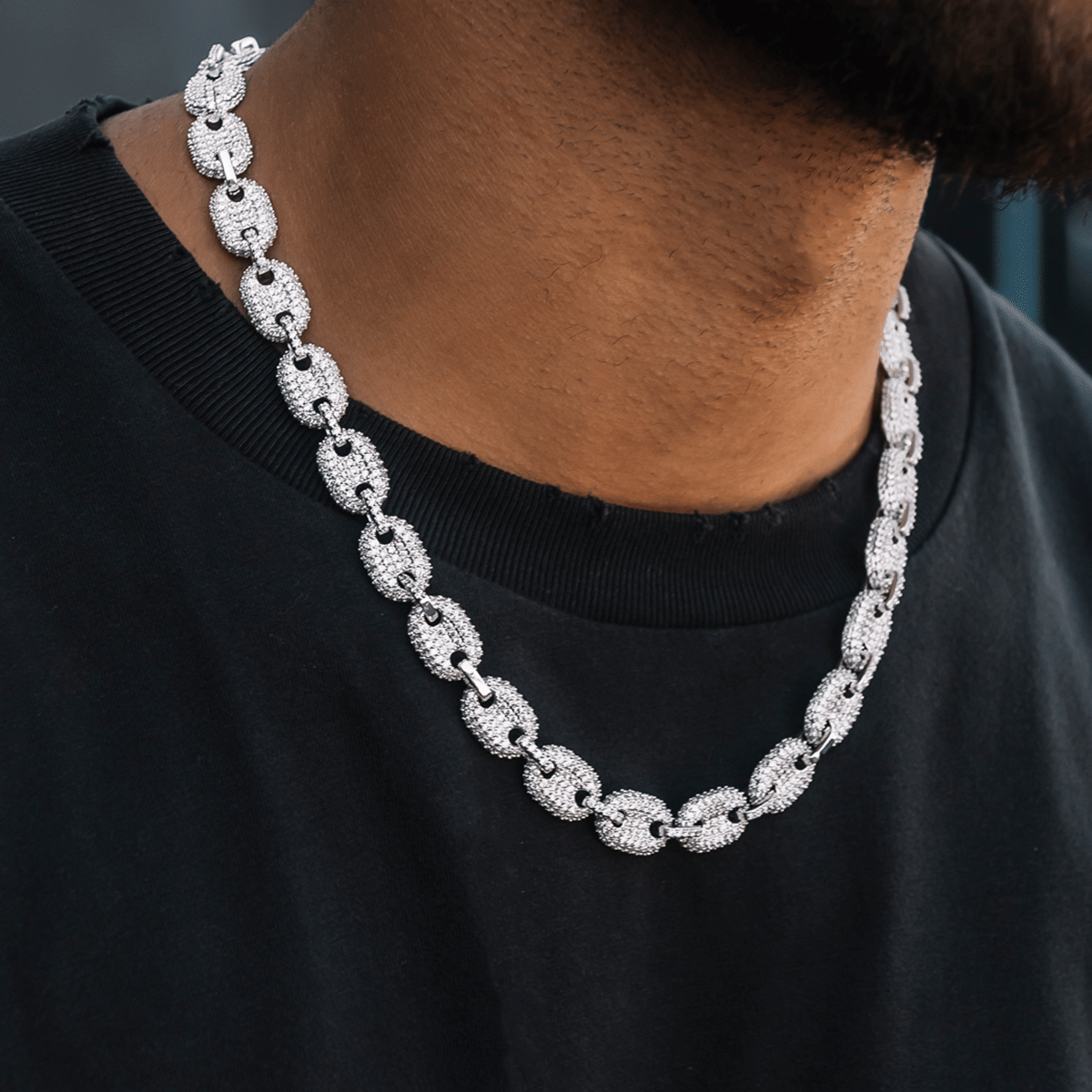 GLD Men Diamond Puffed Mariner Chain in White Gold - 12 mm