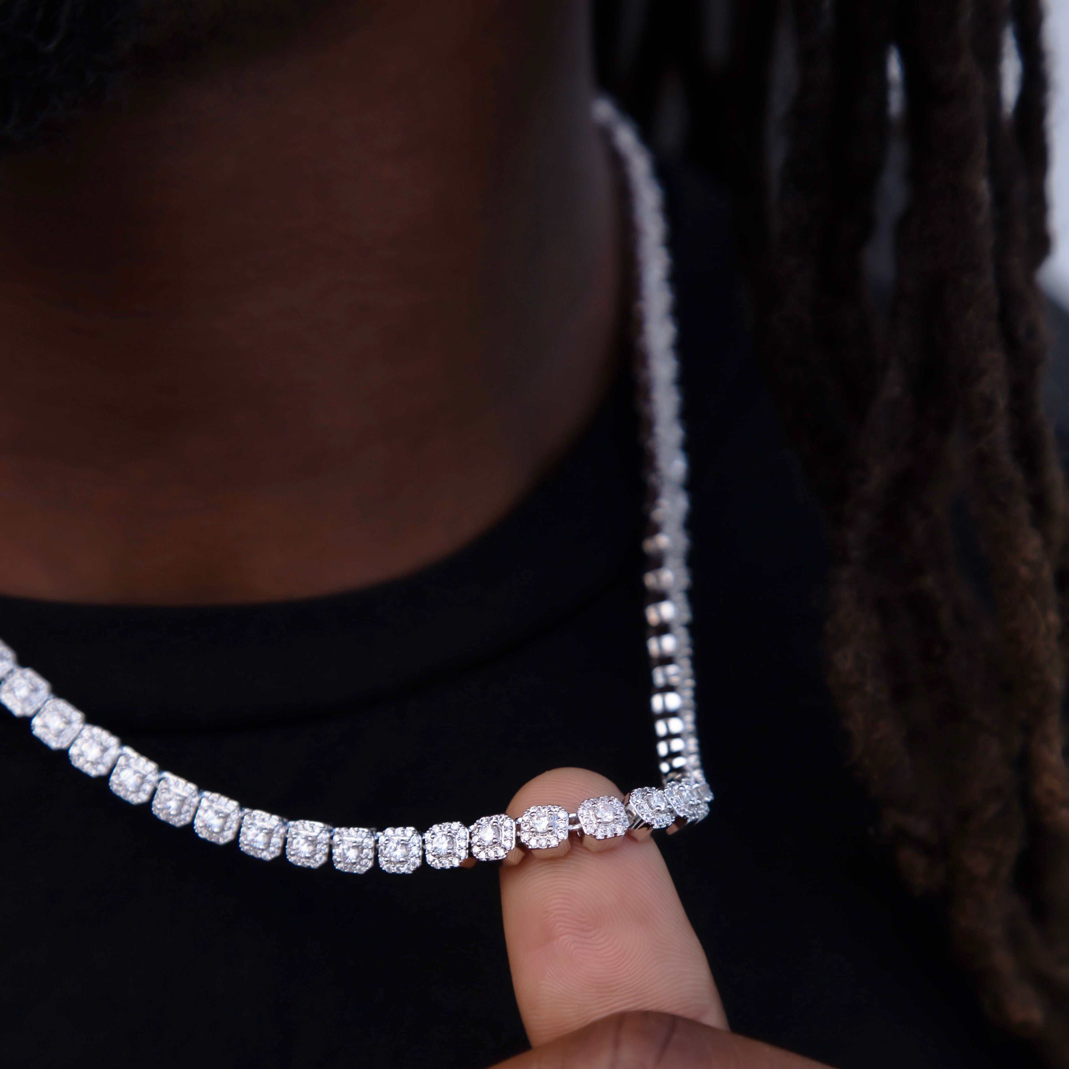 GLD Men Micro Clustered Tennis Chain in White Gold