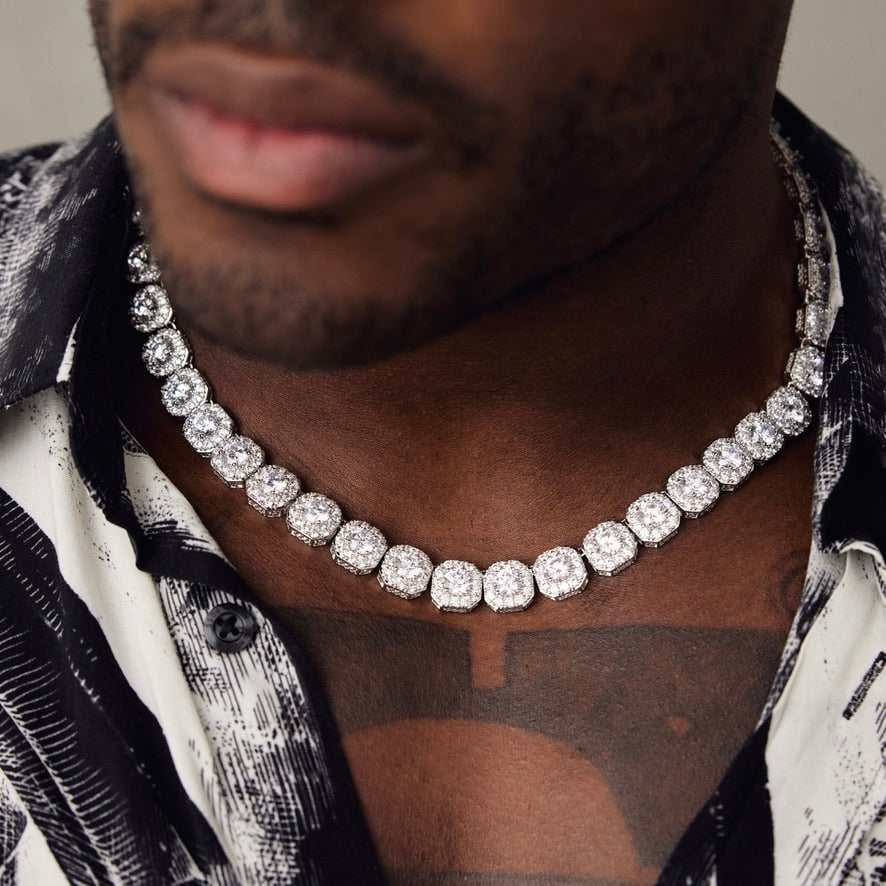 GLD Men Clustered Tennis Necklace in White Gold - 12 mm