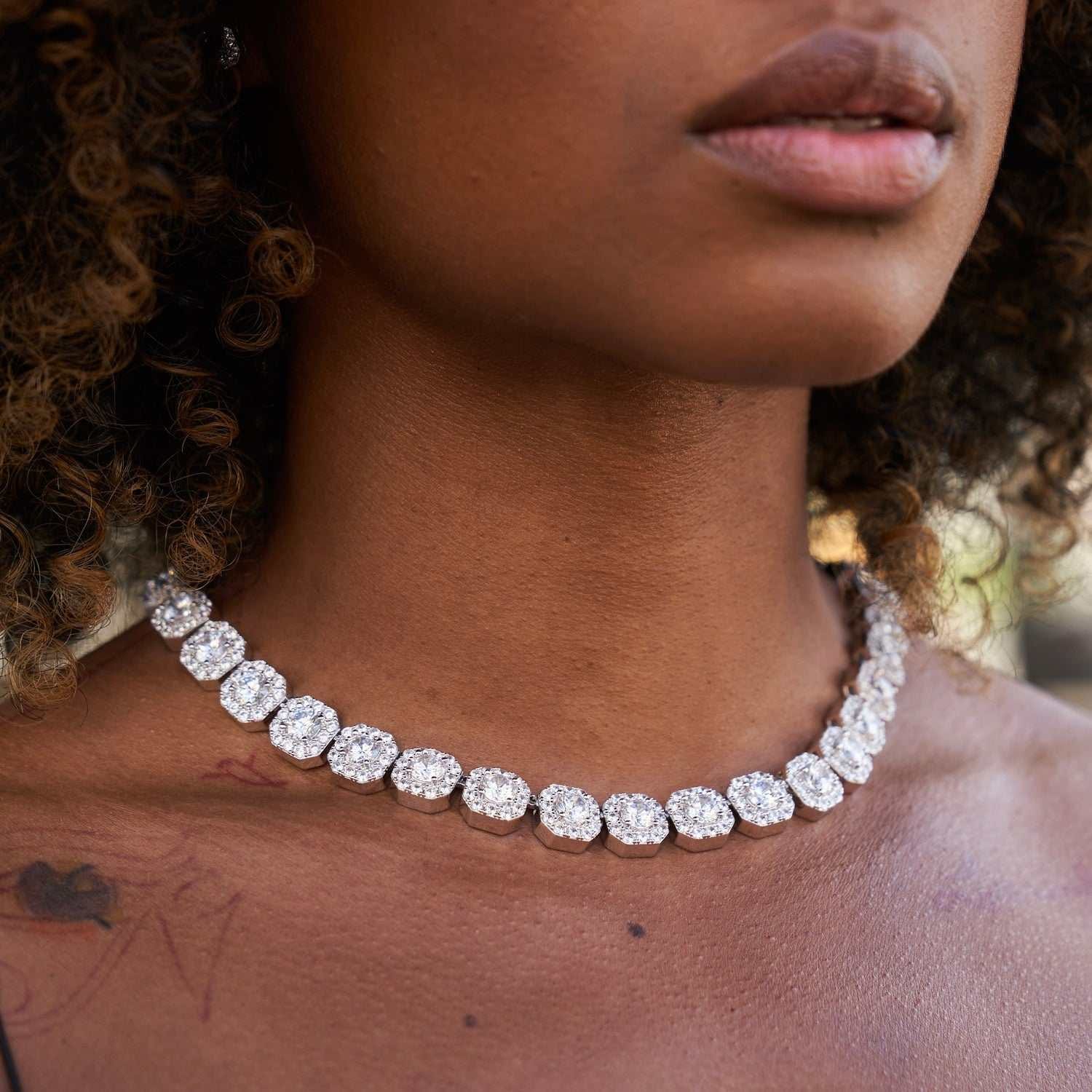 GLD Women Clustered Tennis Necklace in White Gold - 12 mm