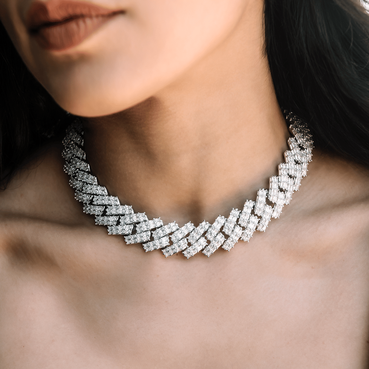 GLD Women Baguette Prong Set Cuban Necklace in White Gold - 19 mm