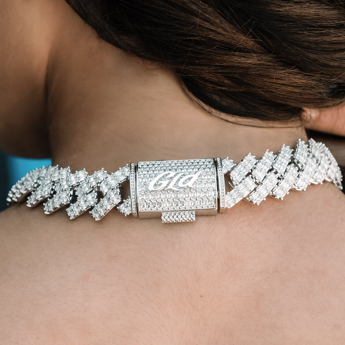 GLD Women Baguette Prong Set Cuban Necklace in White Gold - 19 mm