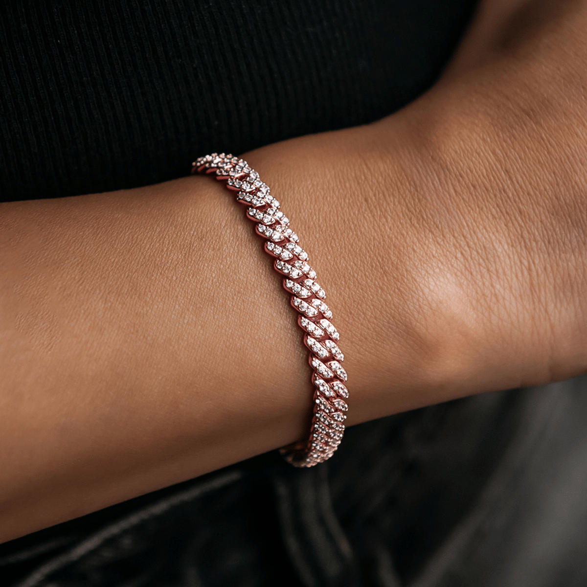 GLD Women Micro Diamond Prong Cuban Bracelet in Rose Gold - 6 mm