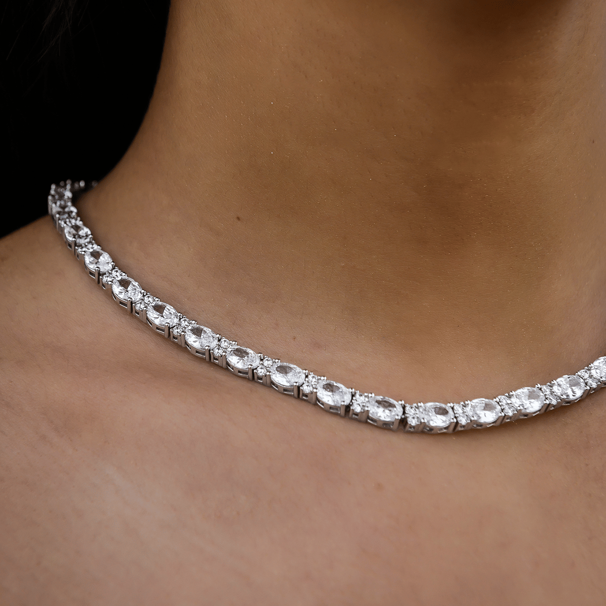 GLD Women Diamond Mixed Oval Cut Tennis Necklace in White Gold - 5 mm