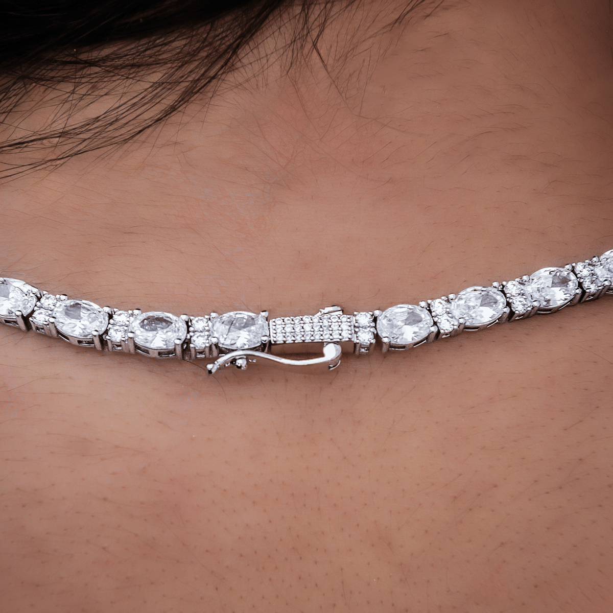 GLD Women Diamond Mixed Oval Cut Tennis Necklace in White Gold - 5 mm