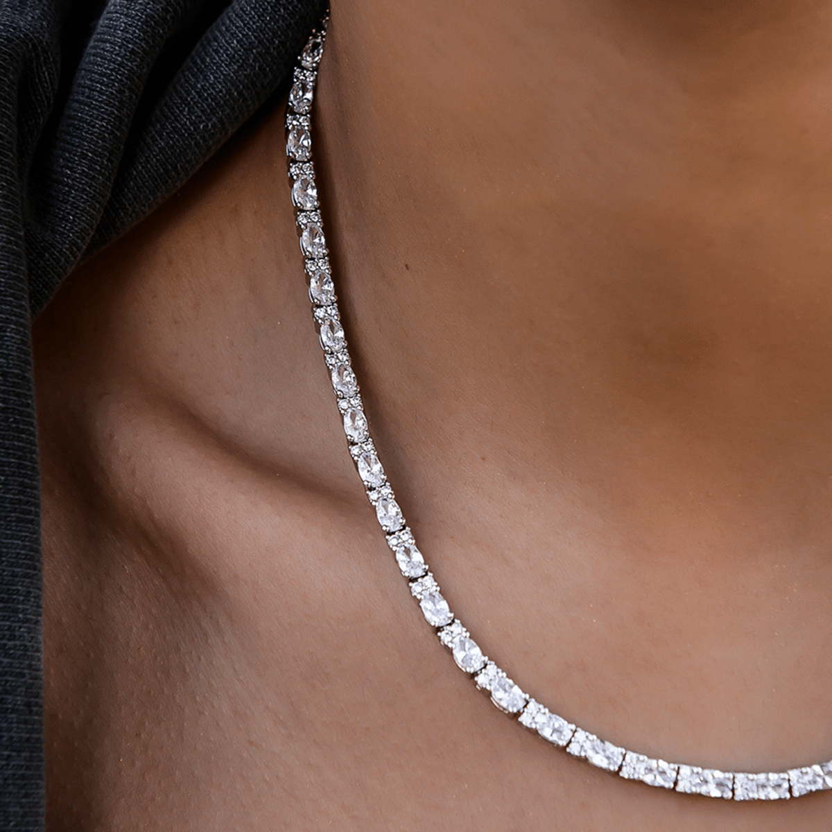 GLD Women Diamond Mixed Oval Cut Tennis Necklace in White Gold - 3 mm