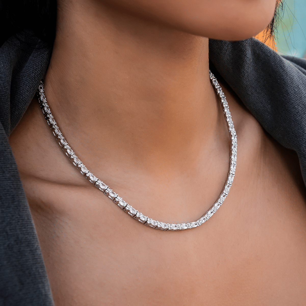 GLD Women Diamond Mixed Oval Cut Tennis Necklace in White Gold - 3 mm