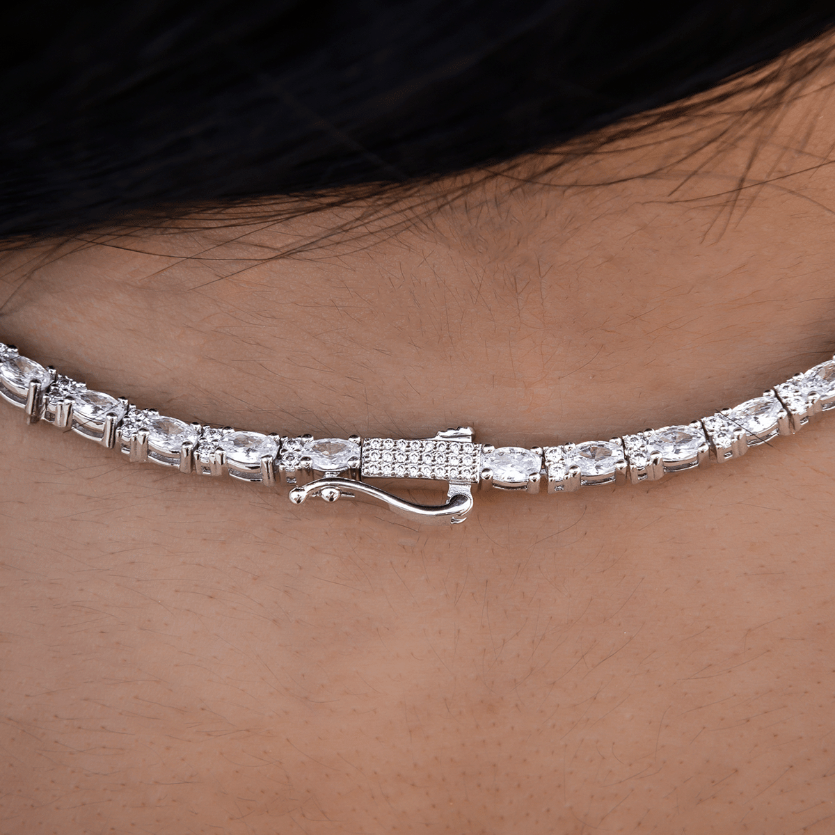 GLD Women Diamond Mixed Oval Cut Tennis Necklace in White Gold - 3 mm