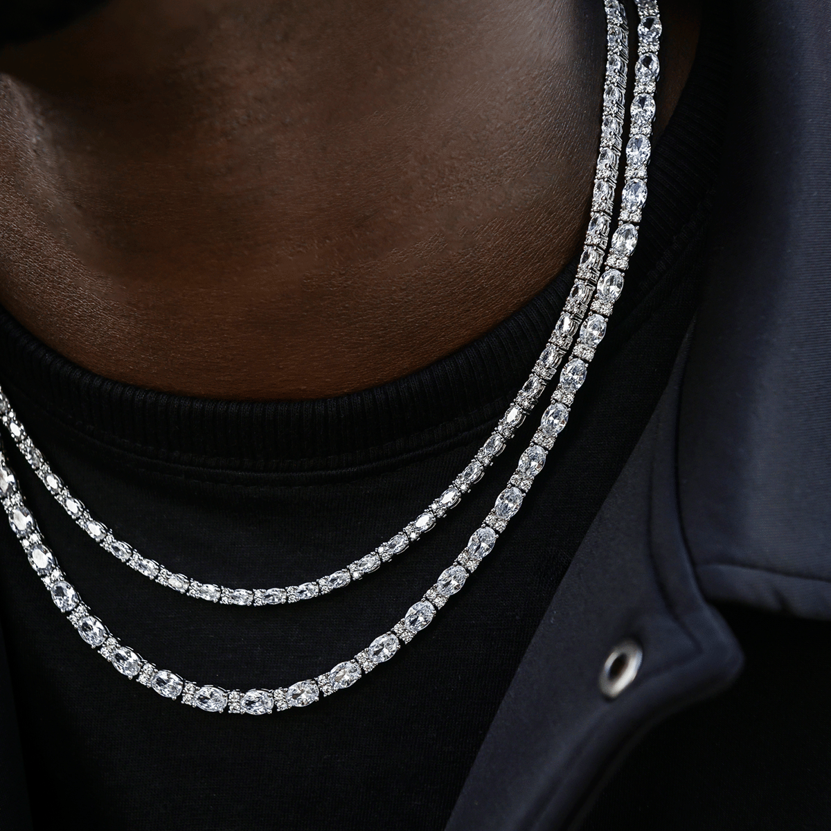 GLD Men Diamond Mixed Oval Cut Tennis Chain in White Gold - 3 mm