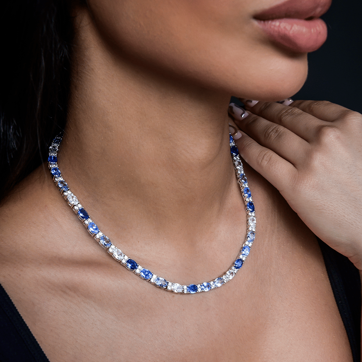 GLD Women Blue Mixed Oval Cut Tennis Necklace in White Gold - 5 mm