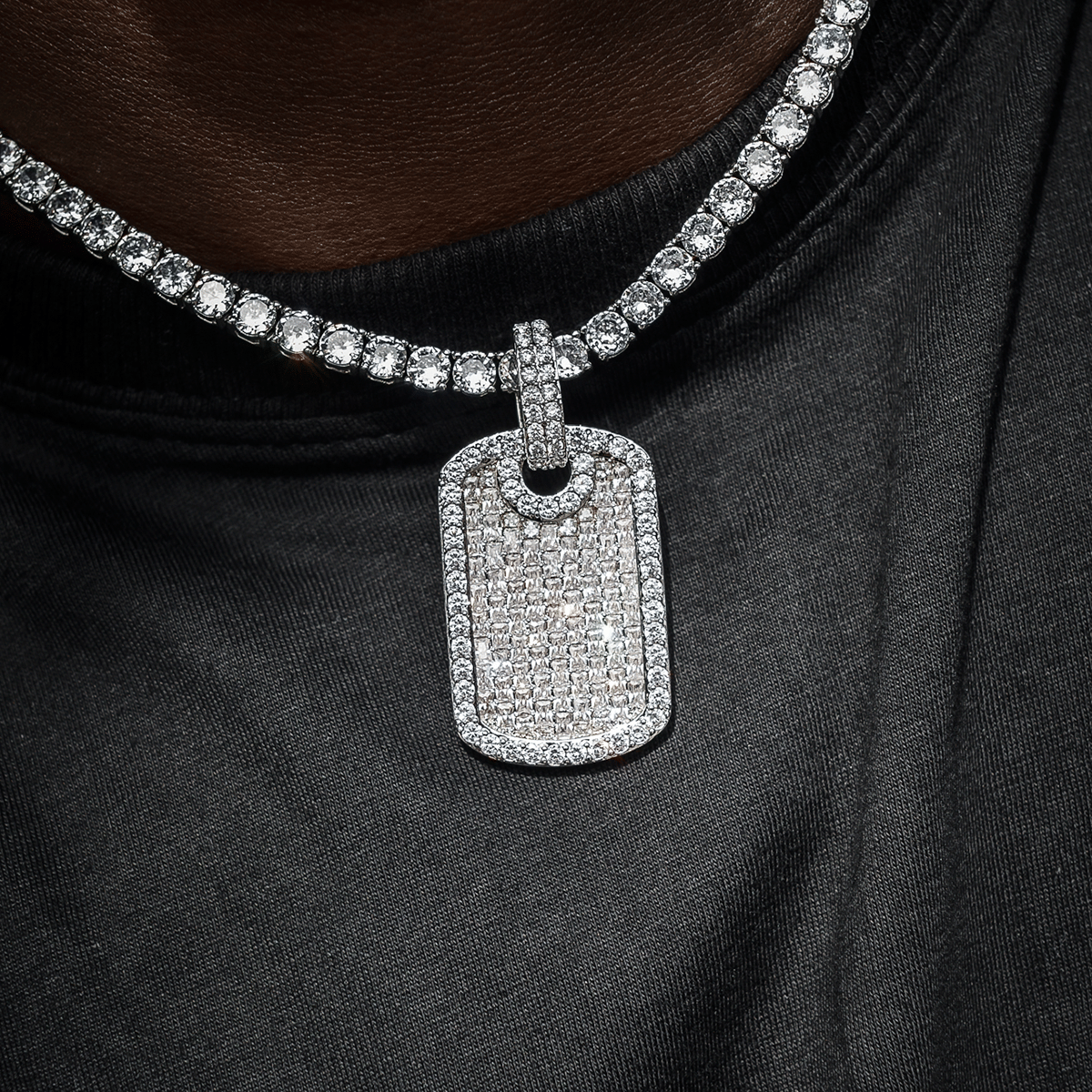 GLD Men Baguette Dog Tag Pendant in White Gold