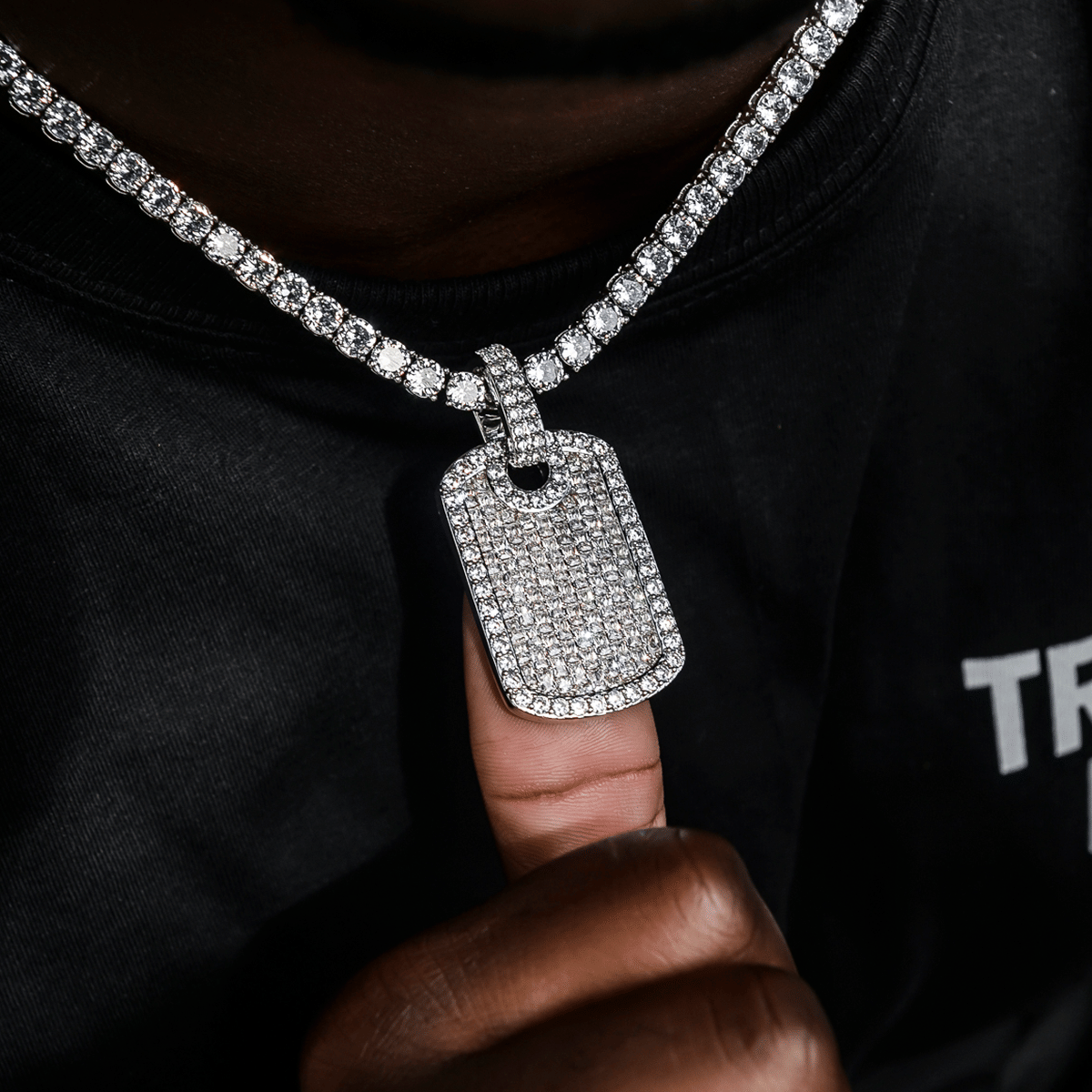 GLD Men Baguette Dog Tag Pendant in White Gold