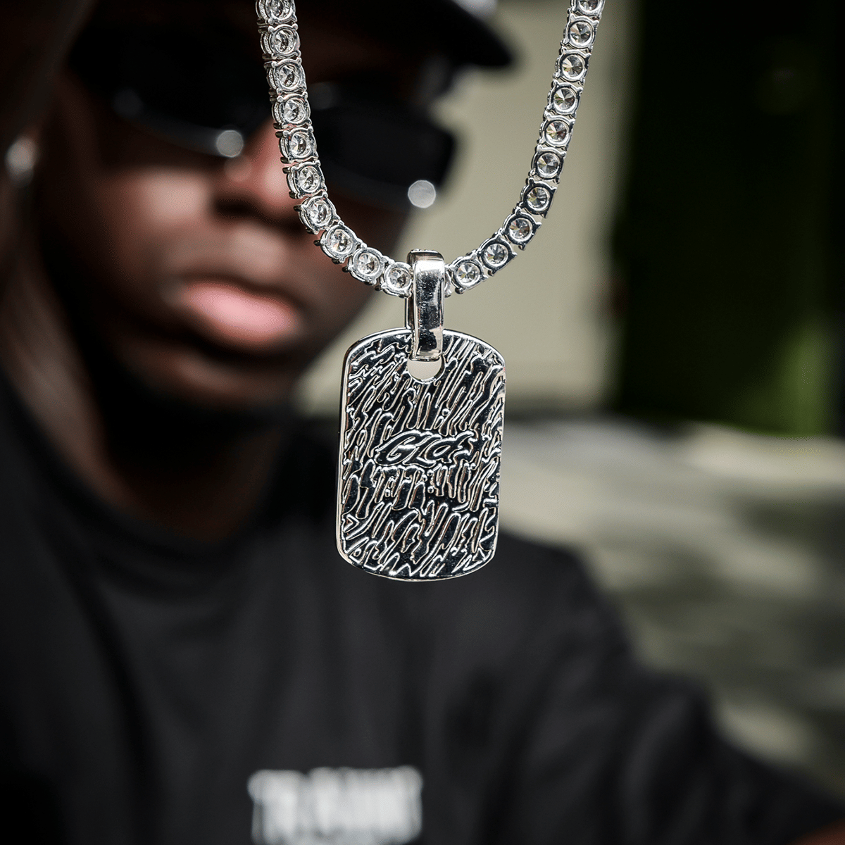 GLD Men Baguette Dog Tag Pendant in White Gold