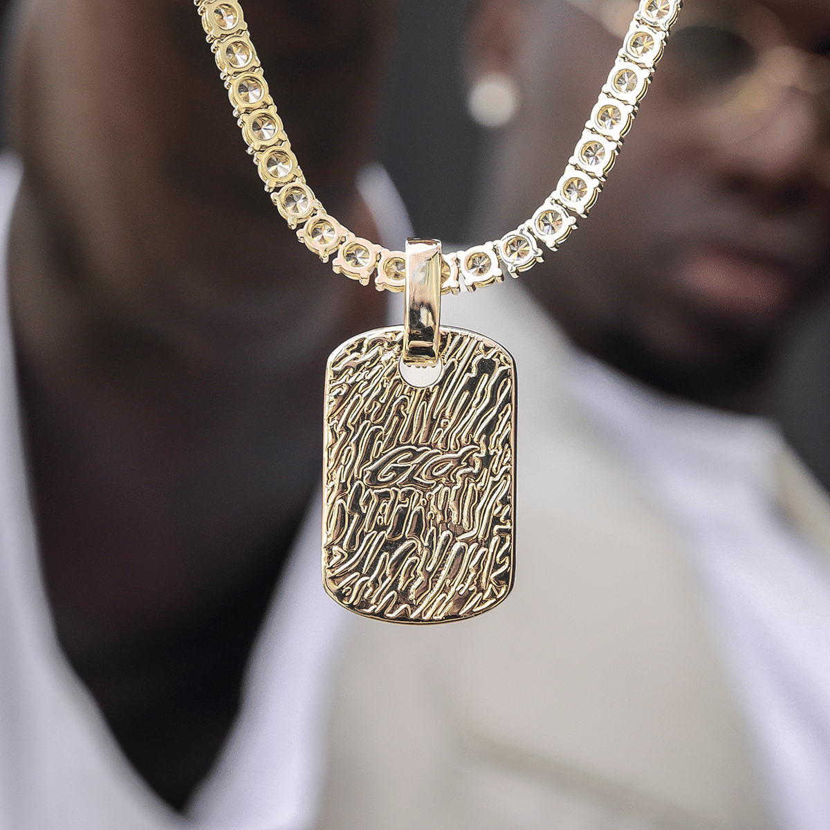 GLD Men Baguette Dog Tag Pendant in Yellow Gold