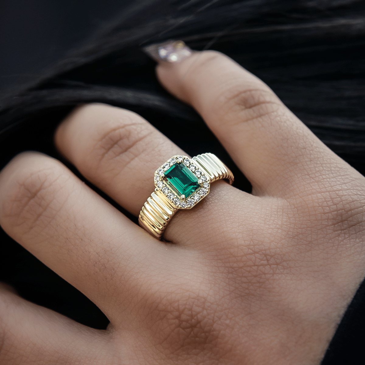 GLD Women Emerald Textured Ring in Yellow Gold Vermeil