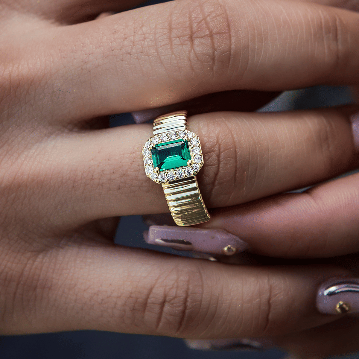 GLD Women Emerald Textured Ring in Yellow Gold Vermeil