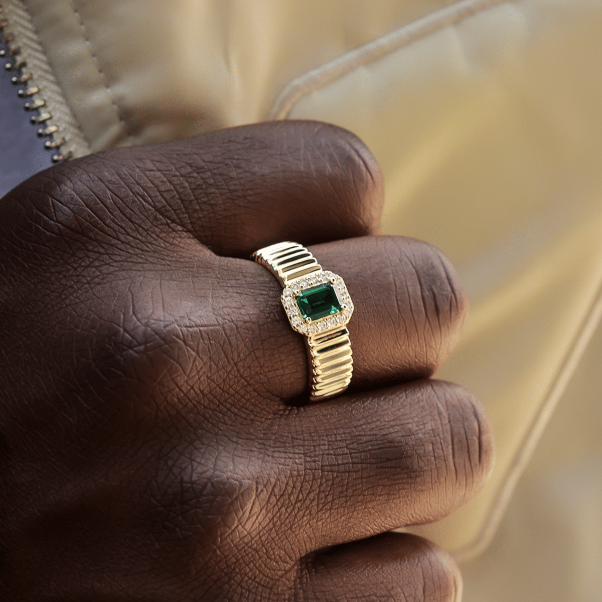GLD Men Emerald Textured Ring in Yellow Gold Vermeil