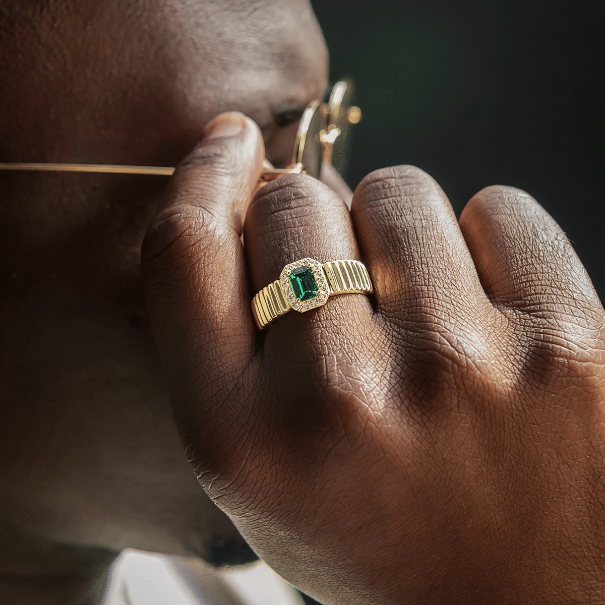 GLD Men Emerald Textured Ring in Yellow Gold Vermeil