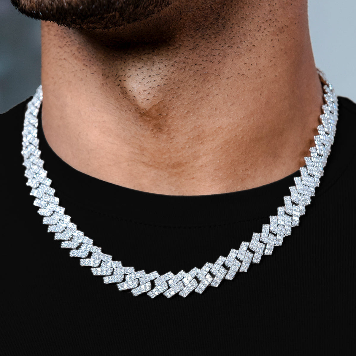 GLD Men Baguette Prong Set Cuban Chain in White Gold - 12 mm