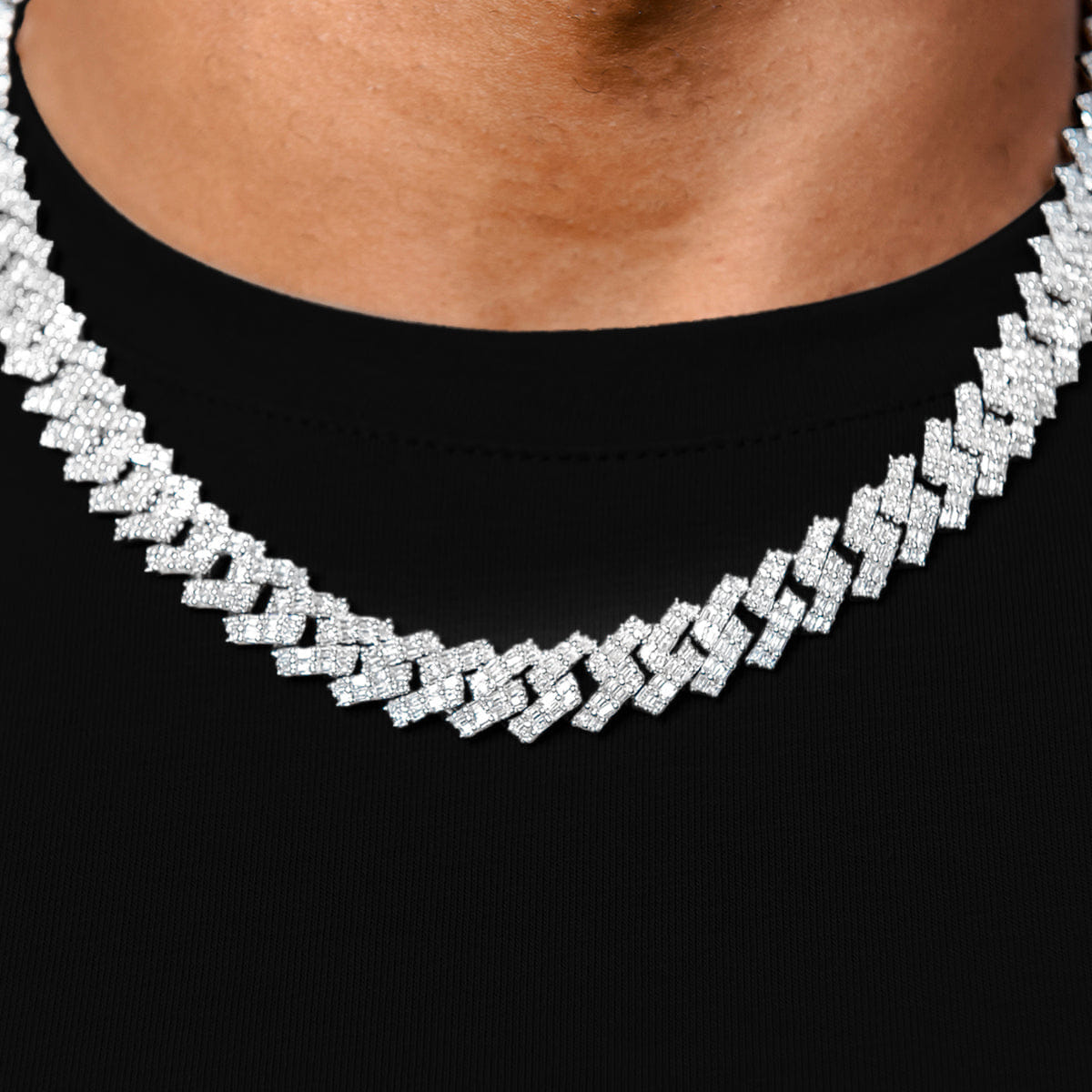 GLD Men Baguette Prong Set Cuban Chain in White Gold - 12 mm