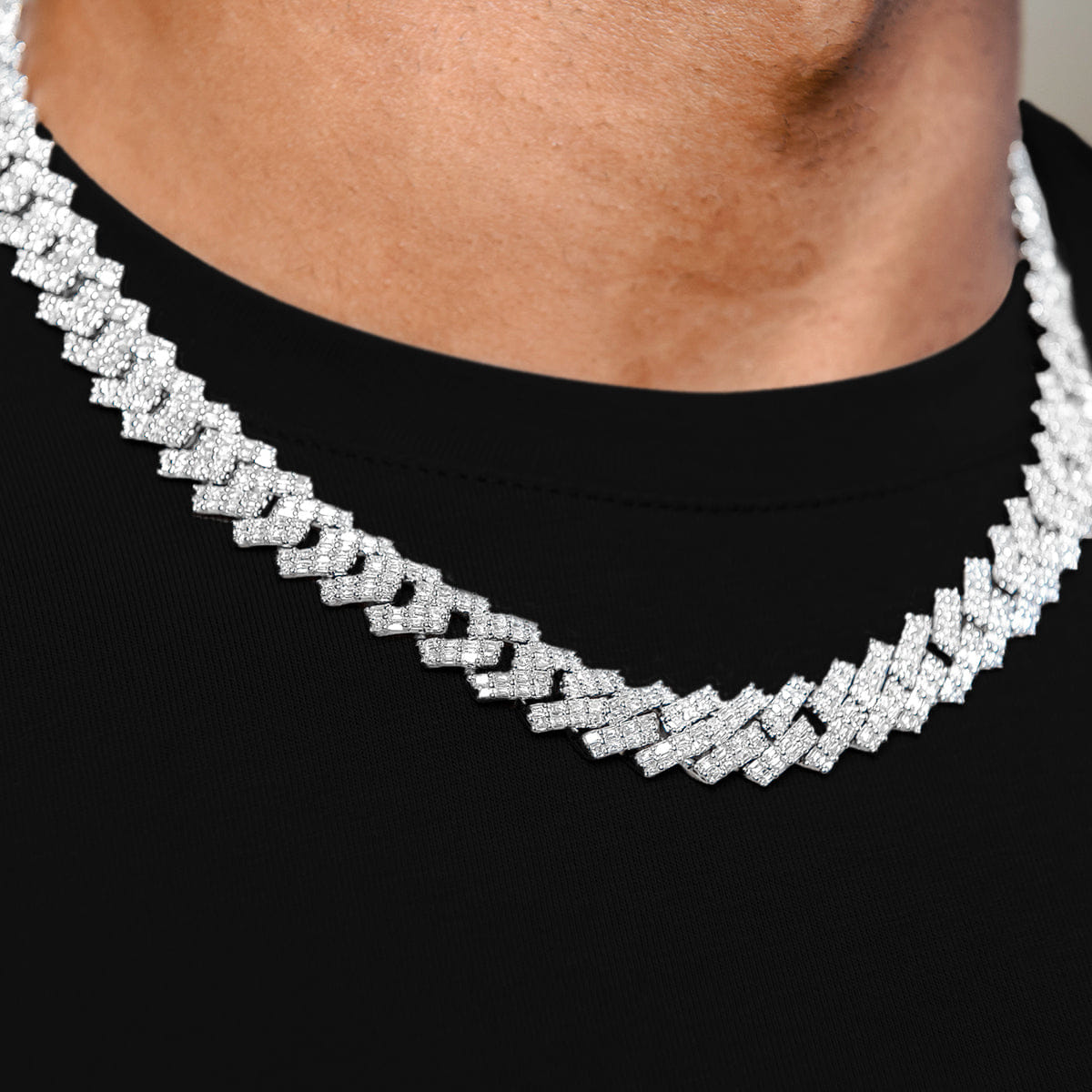 GLD Men Baguette Prong Set Cuban Chain in White Gold - 12 mm