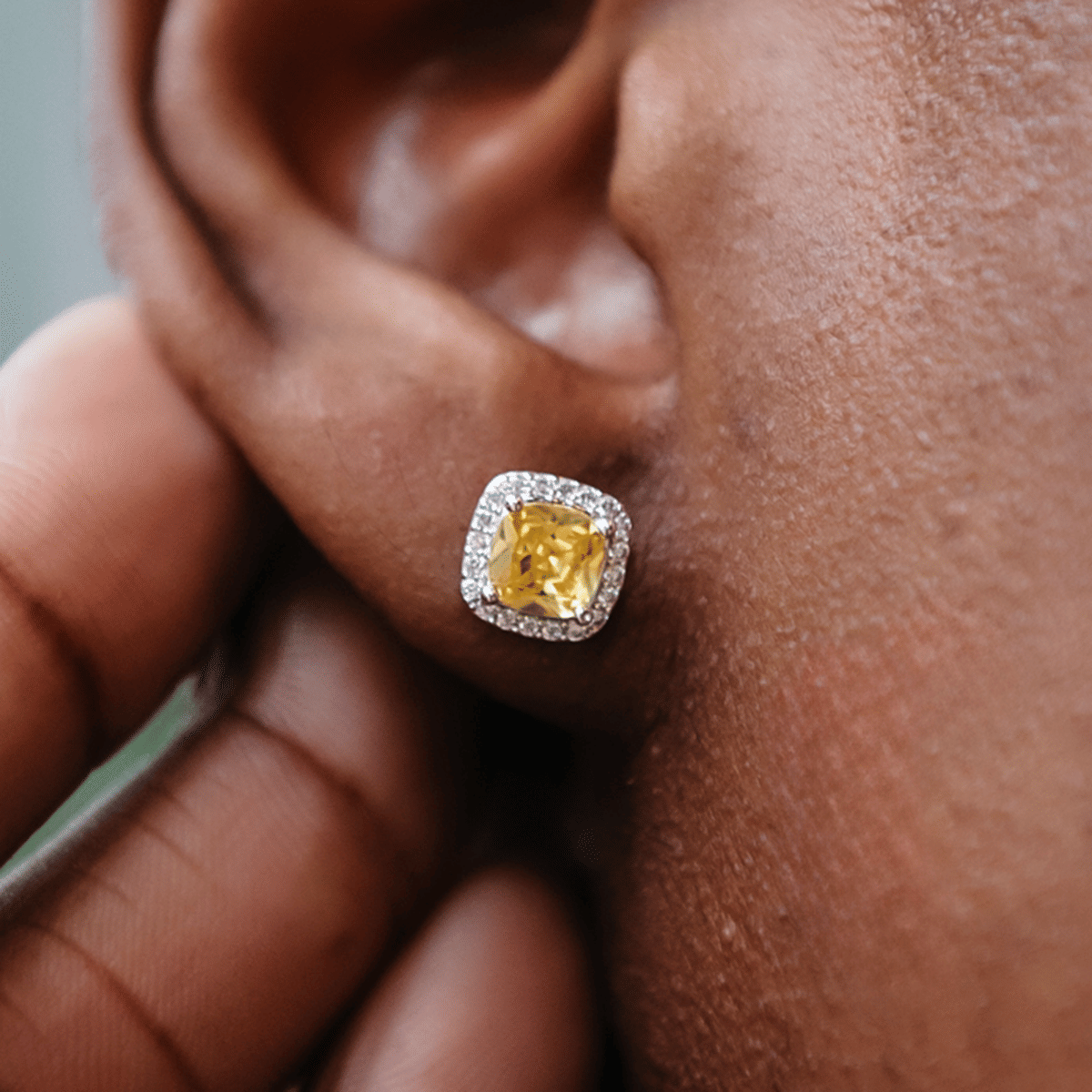 GLD Men Canary Cushion Cut Earrings in White Gold