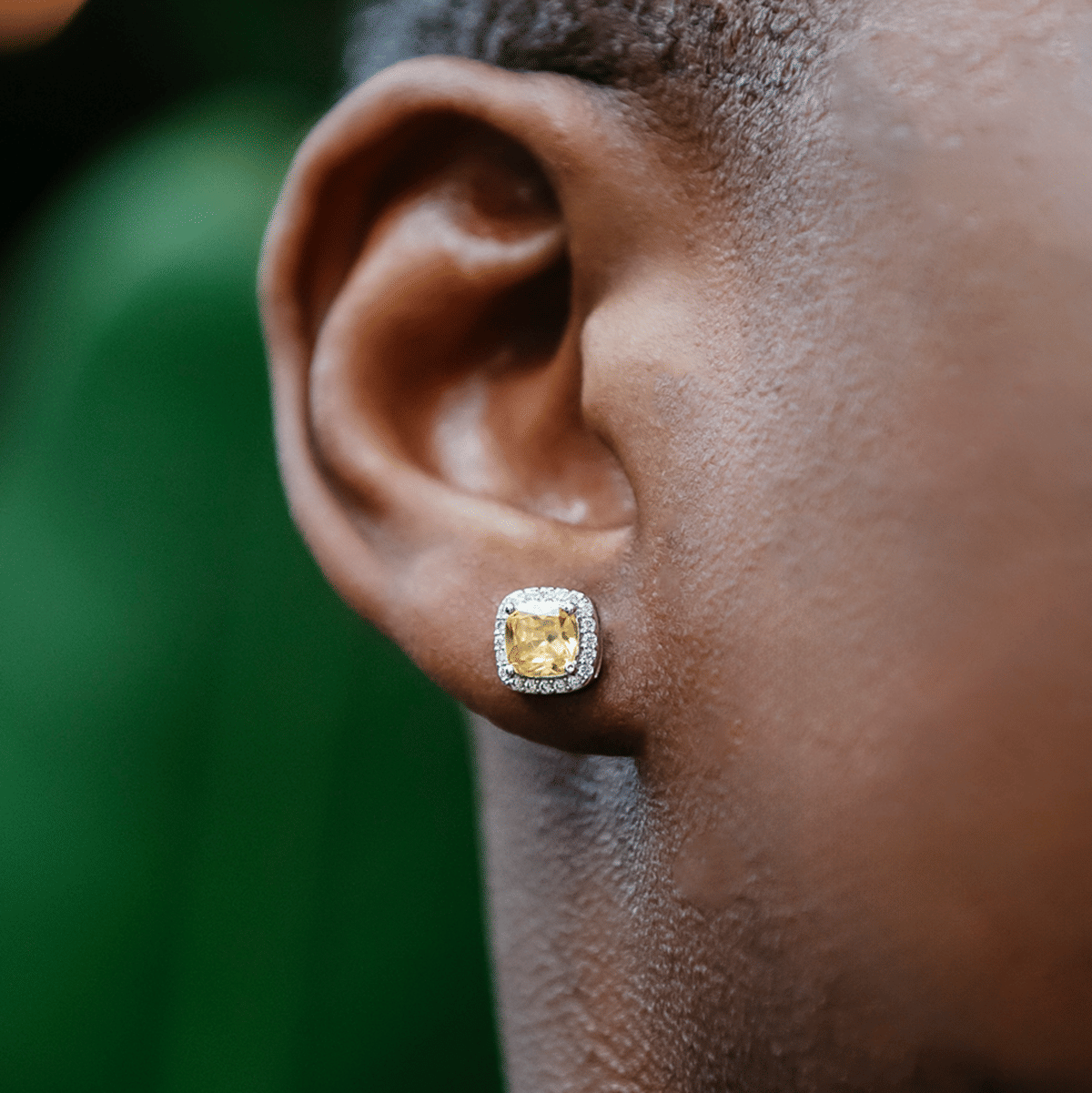 GLD Men Canary Cushion Cut Earrings in White Gold