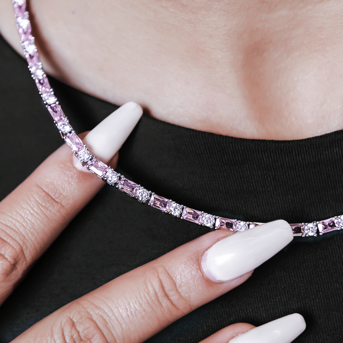 GLD Women Pink Diamond Baguette Tennis Necklace
