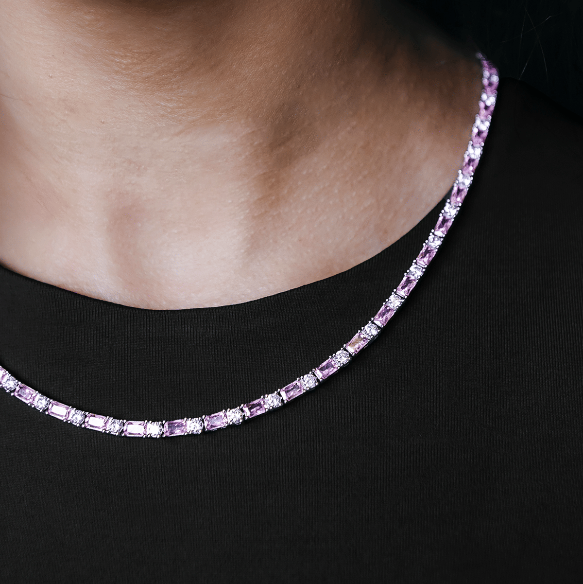 GLD Women Pink Diamond Baguette Tennis Necklace
