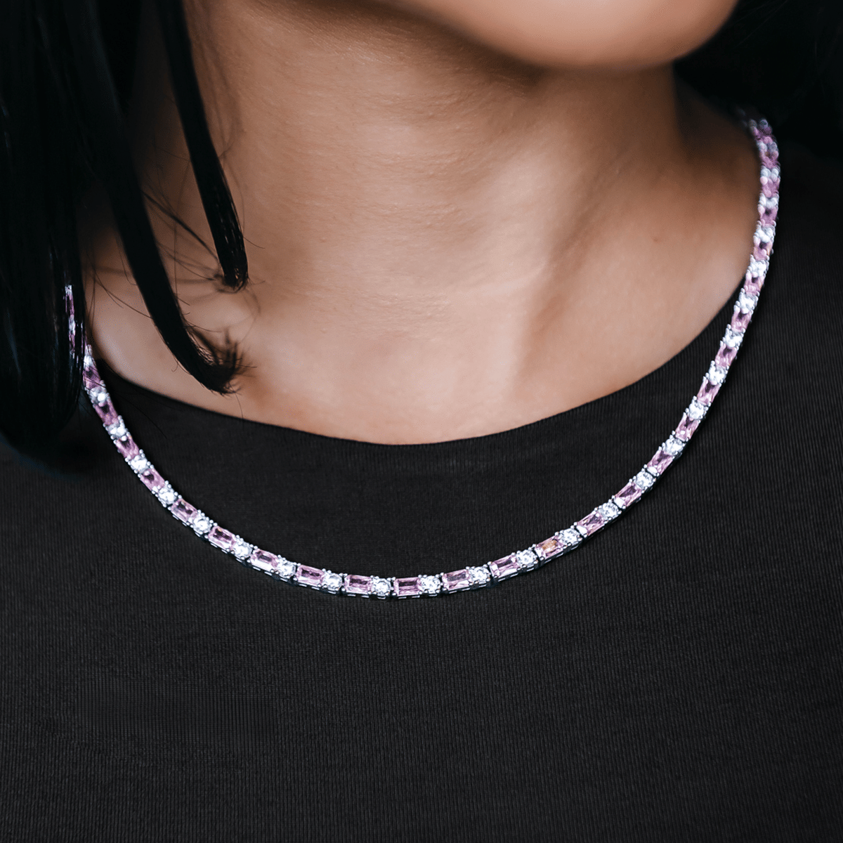 GLD Women Pink Diamond Baguette Tennis Necklace