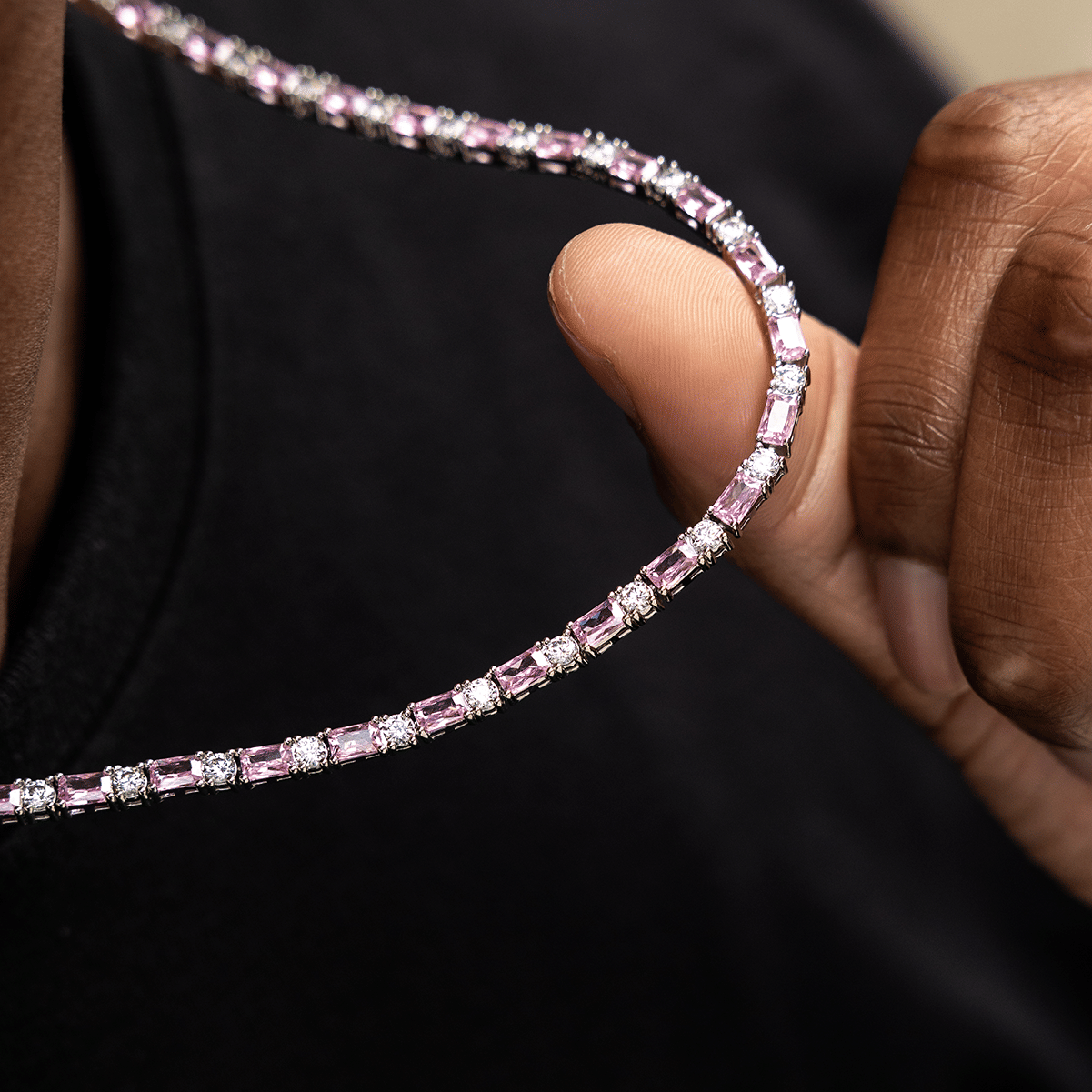 GLD Men Pink Diamond Baguette Tennis Chain