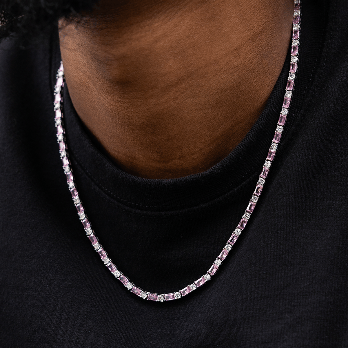 GLD Men Pink Diamond Baguette Tennis Chain