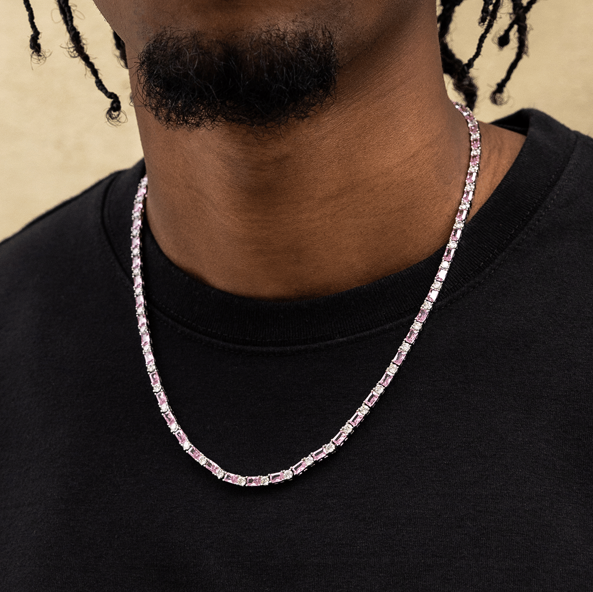 GLD Men Pink Diamond Baguette Tennis Chain
