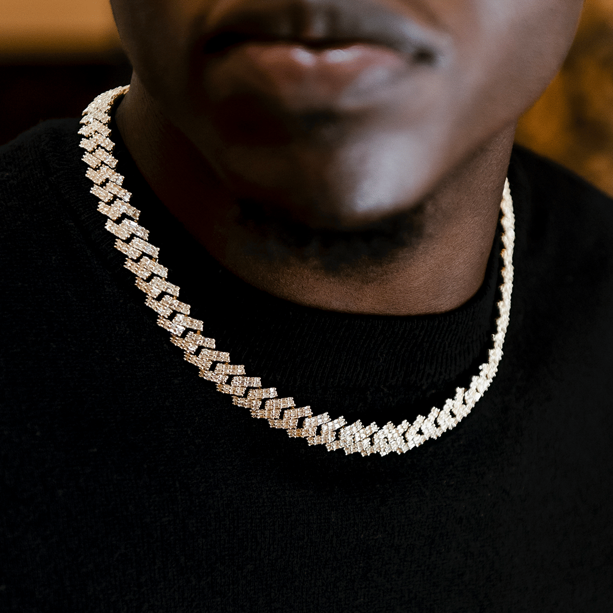GLD Men Baguette Prong Set Cuban Chain in Yellow Gold - 12 mm