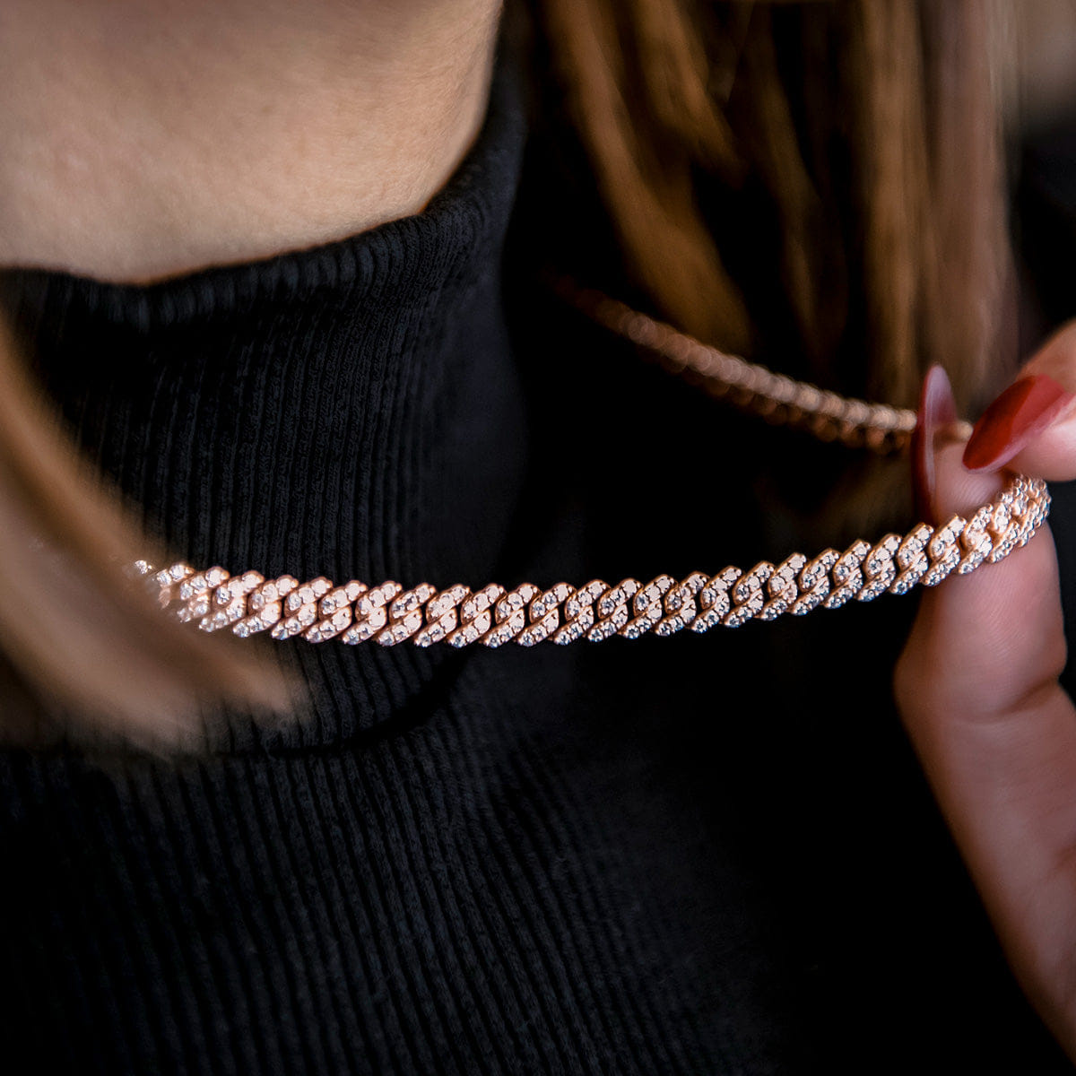GLD Women Micro Diamond Prong Cuban Necklace in Rose Gold - 6 mm