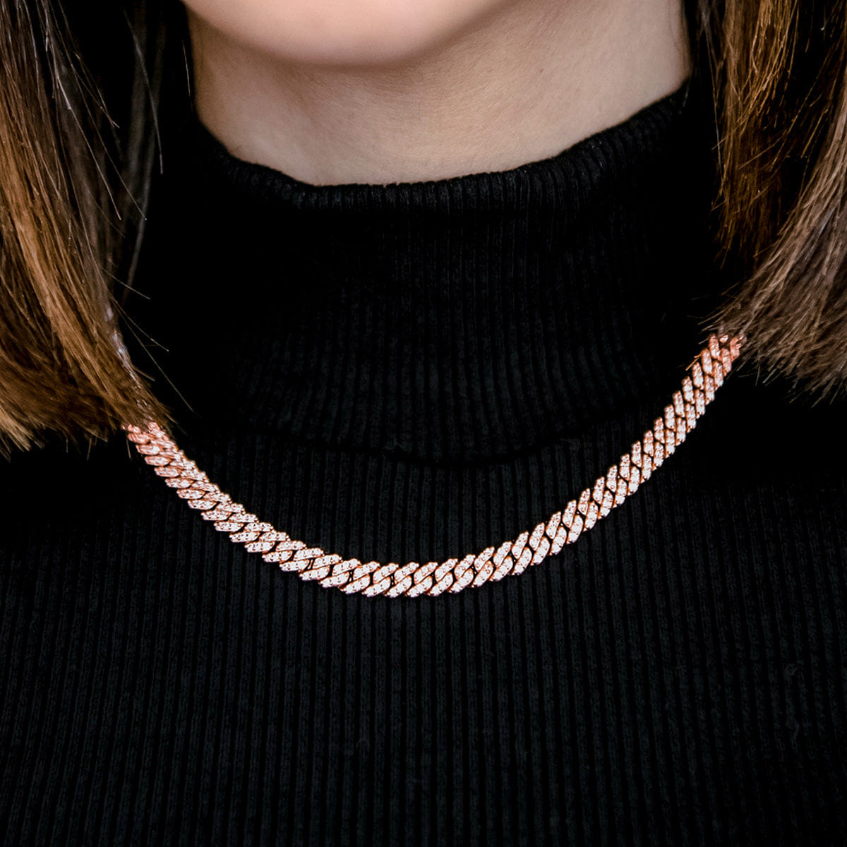 GLD Women Micro Diamond Prong Cuban Necklace in Rose Gold - 6 mm