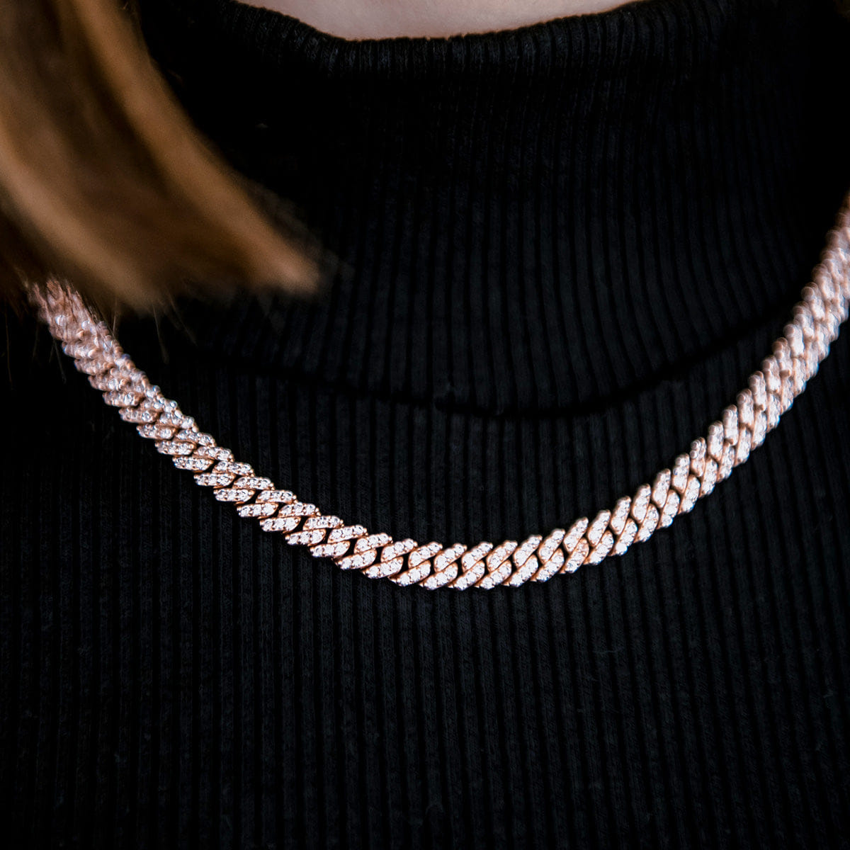 GLD Women Micro Diamond Prong Cuban Necklace in Rose Gold - 6 mm
