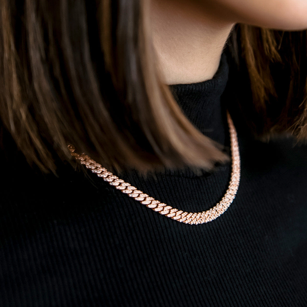 GLD Women Micro Diamond Prong Cuban Necklace in Rose Gold - 6 mm