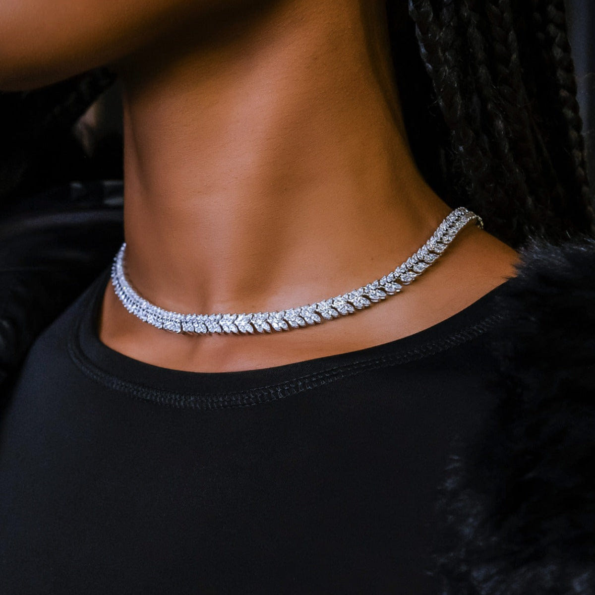 GLD Women Iced Herringbone Necklace in White Gold - 7 mm