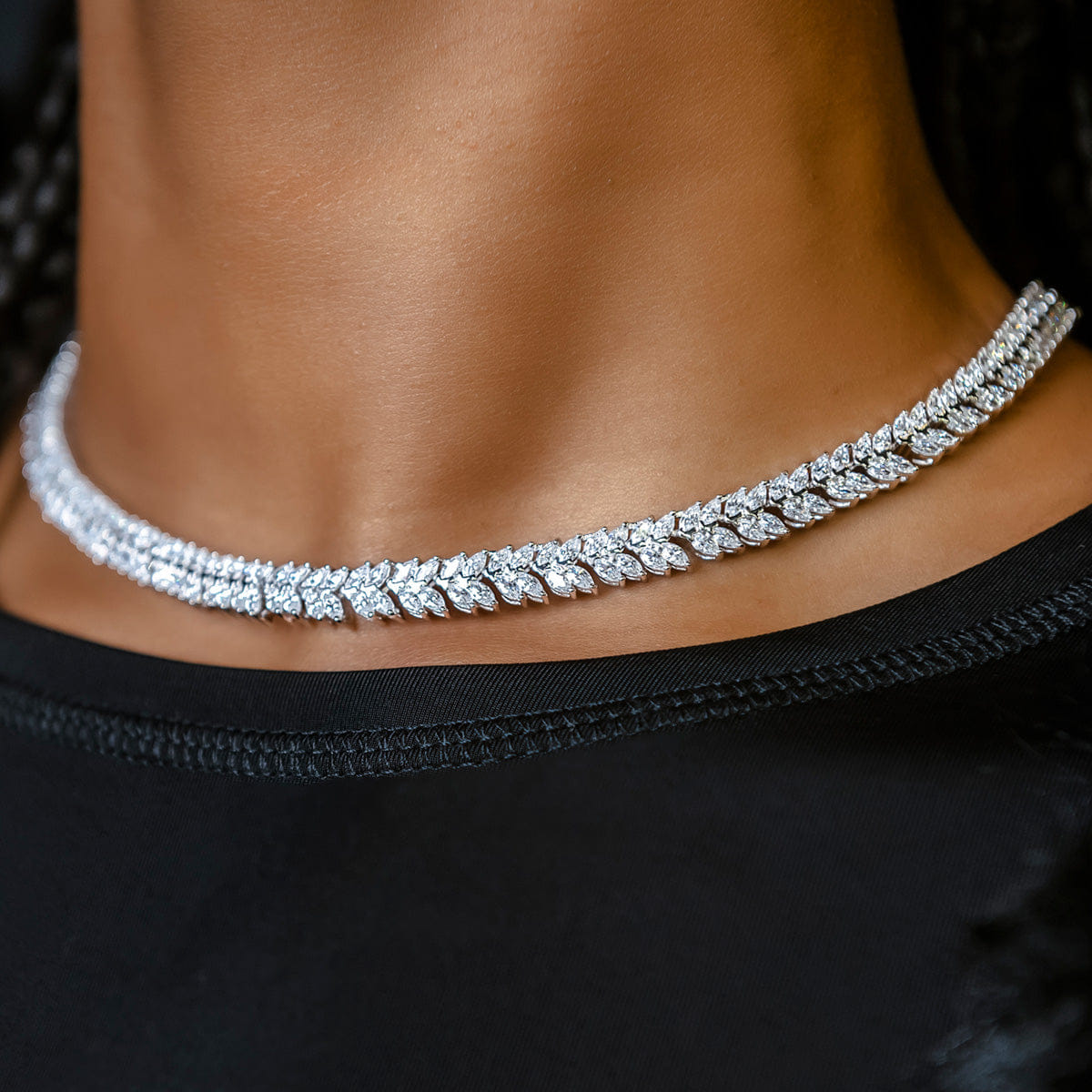 GLD Women Iced Herringbone Necklace in White Gold - 7 mm