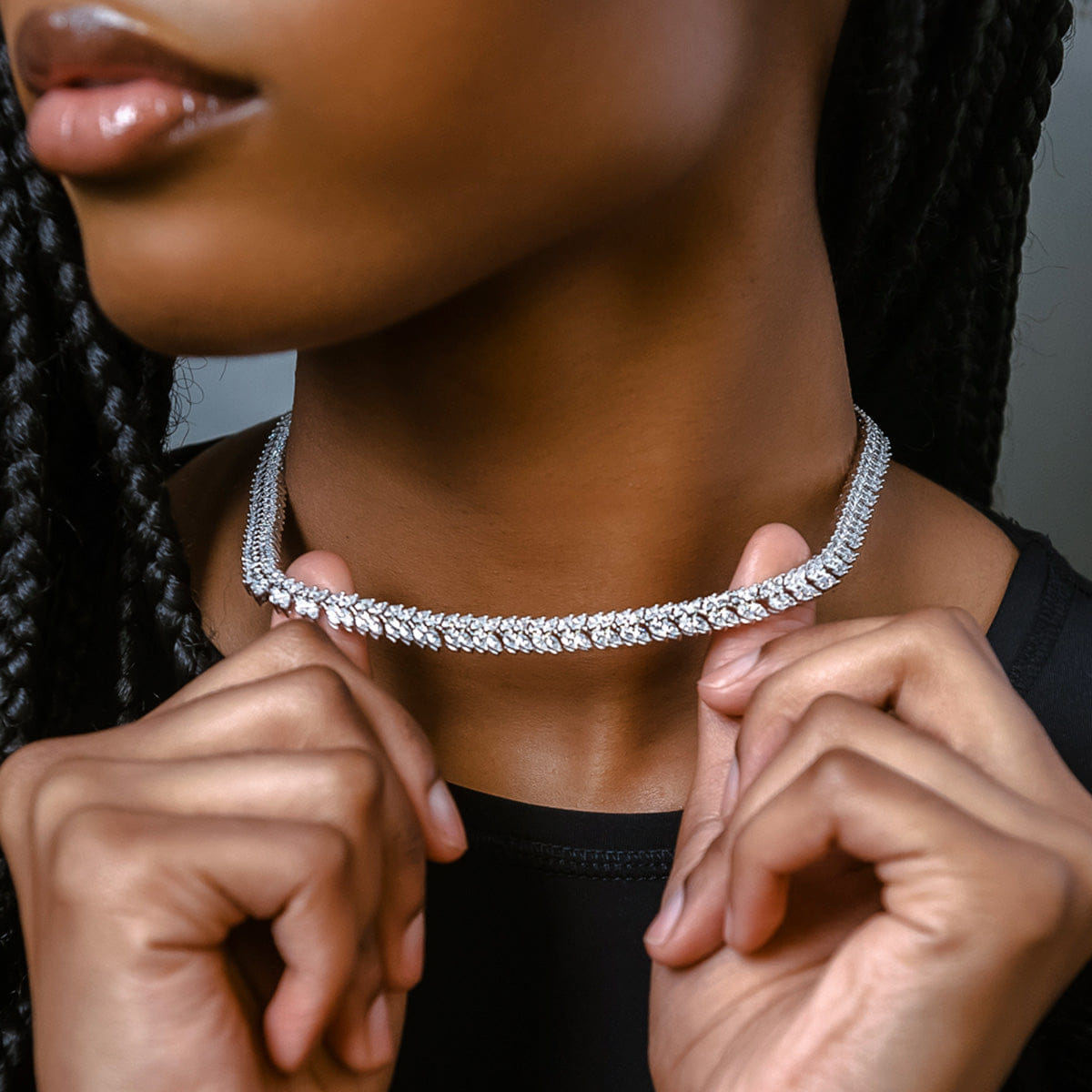 GLD Women Iced Herringbone Necklace in White Gold - 7 mm