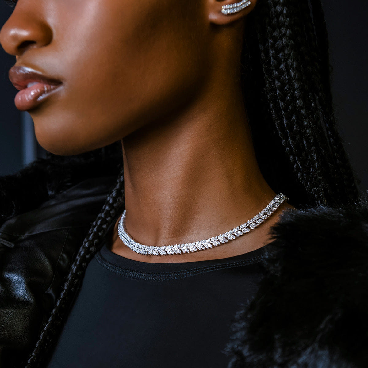 GLD Women Iced Herringbone Necklace in White Gold - 7 mm