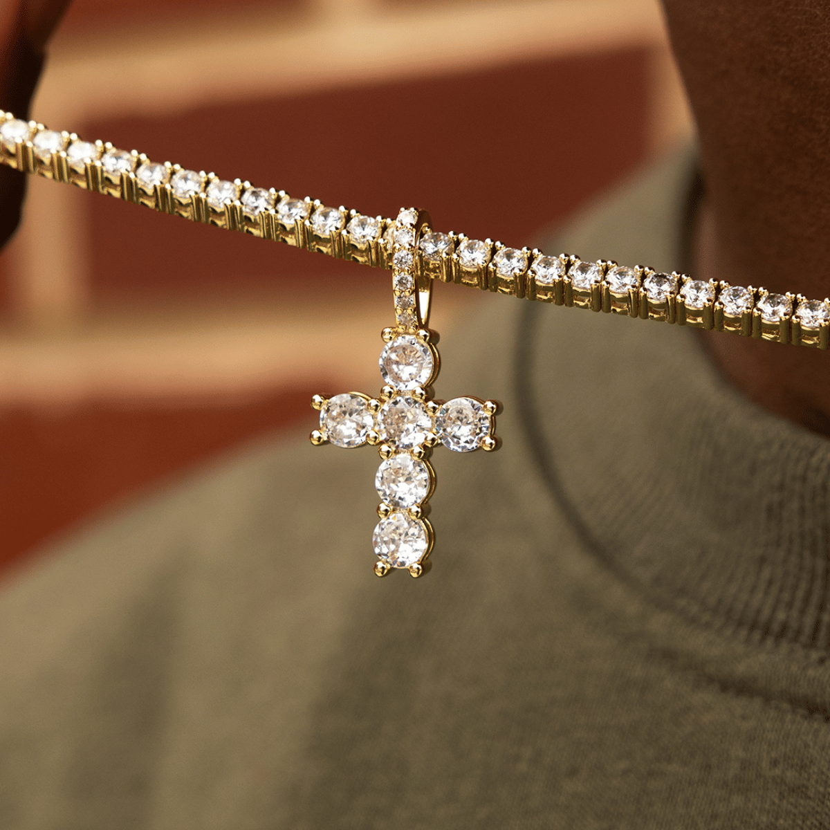 GLD Men Iced Micro Round Cross in Yellow Gold