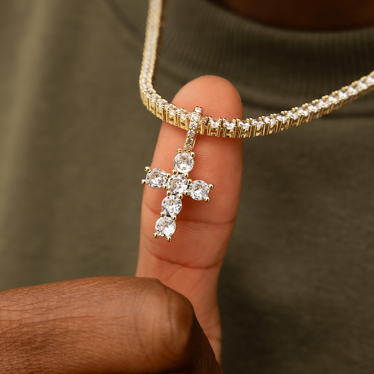 GLD Men Iced Micro Round Cross in Yellow Gold